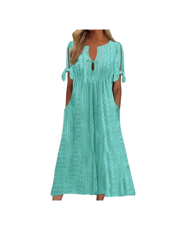 Plus Size Dresses for Women Short Sleeve Eyelet Maxi Sundress Solid Color Dressy Classic Dresses Summer Vacation Dresses