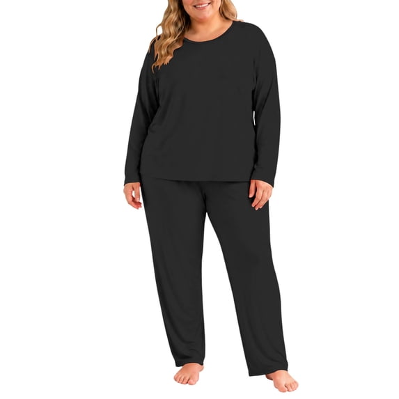 HAiming Plus Size Fleece Pajama Sets for Women 2 Piece Outfits Long Sleeve Undershirts Loungewear Fall Winter Sleepwear