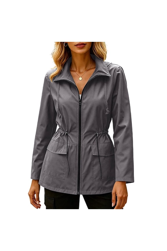 Plus Size Jacket for Women Long Sleeve Drawstring Waist Collared Solid Color Casual Jacket Fall Workout Tops