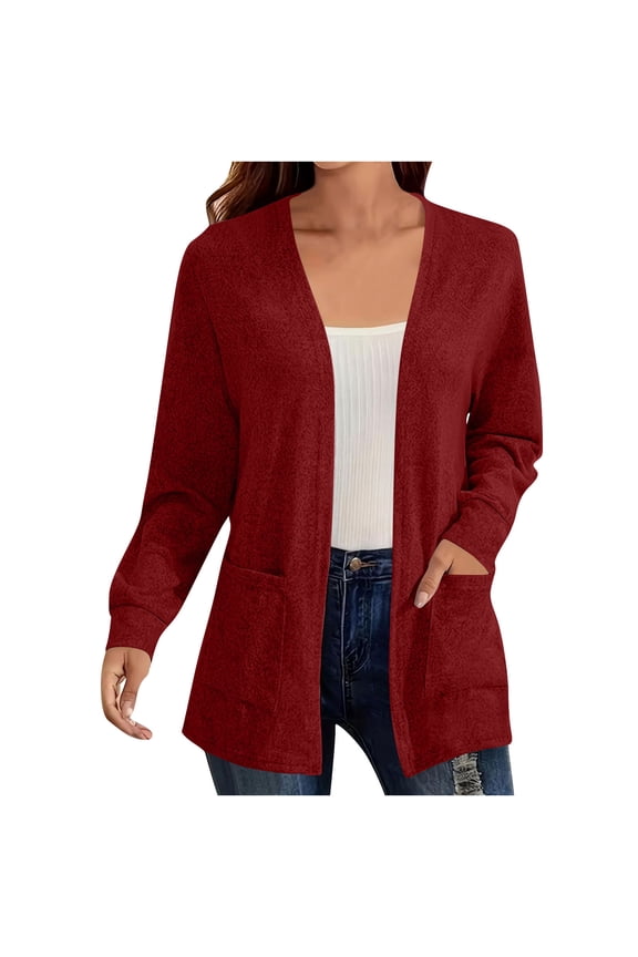 Plus Size Knit Cardigan for Women Casual Long Sleeve Solid Color Open Front Sweater with Pockets