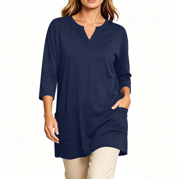 HAiming Plus Size Long Tops for Women 3/4 Length Sleeve Loose Comfy Blouses Vacation Going out Tops with Pockets