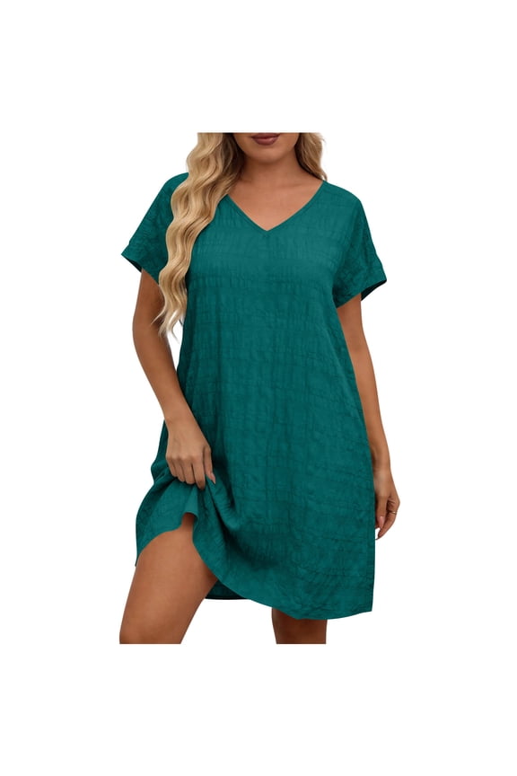 Plus Size Midi Dresses for Women V Neck Tiered Short Sleeve Solid Color Classic Dress Summer Restore Casual Sundress