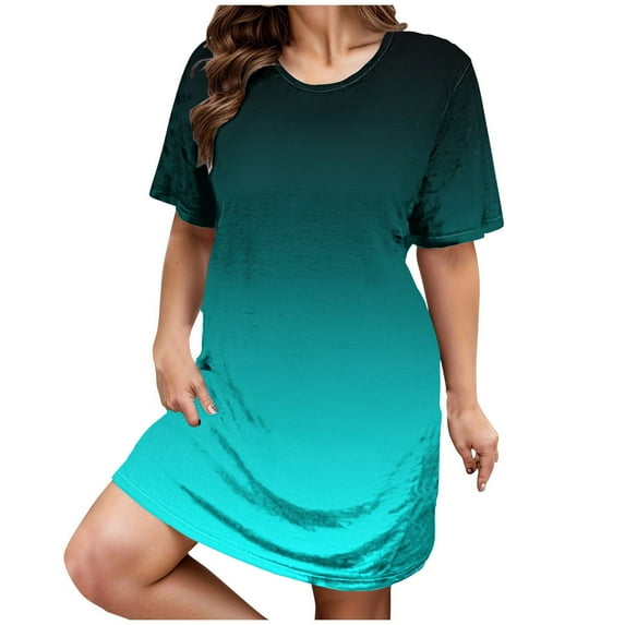 HAiming Plus Size Mini Dresses for Women 2025 Summer Casual Short Sleeve Gradient Color Round Neck Loose Dress