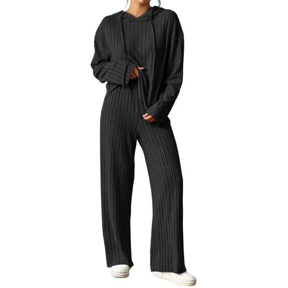 HAiming Plus Size Pajama Sets for Women Ribbed Knit Comfy Lounge Sets 2 Piece Long Sleeve Hoodies Loose Pants Sleepwear