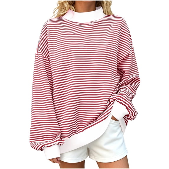 HAiming Plus Size Pullover Shirts for Women Striped Long Sleeve Loose Casual Sweatshirts Fall Winter Outdoors Tops