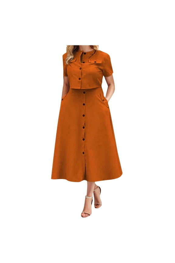 Plus Size Skirt Sets for Women 2 Piece Outfits Button down Short Sleeve Tops High Waist Maxi Skirts Sets Pockets