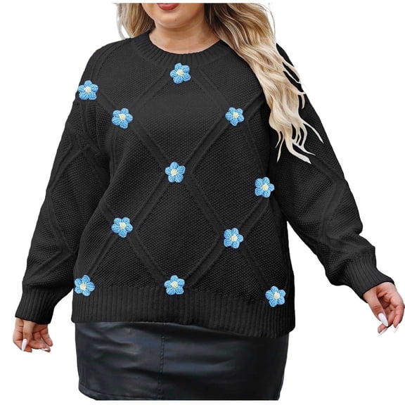 HAiming Plus Size Sweaters for Women Casual Long Sleeve Crew Neck Loose Flower Pullover Trendy Cute Knit Tops