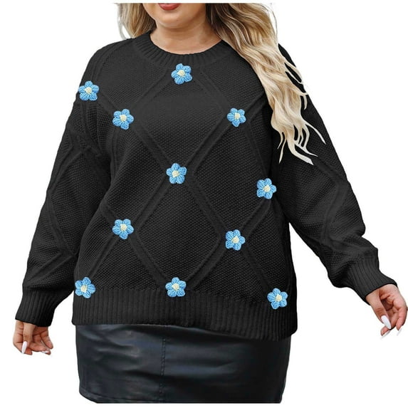 HAiming Plus Size Sweaters for Women Casual Long Sleeve Crew Neck Loose Flower Pullover Trendy Cute Knit Tops