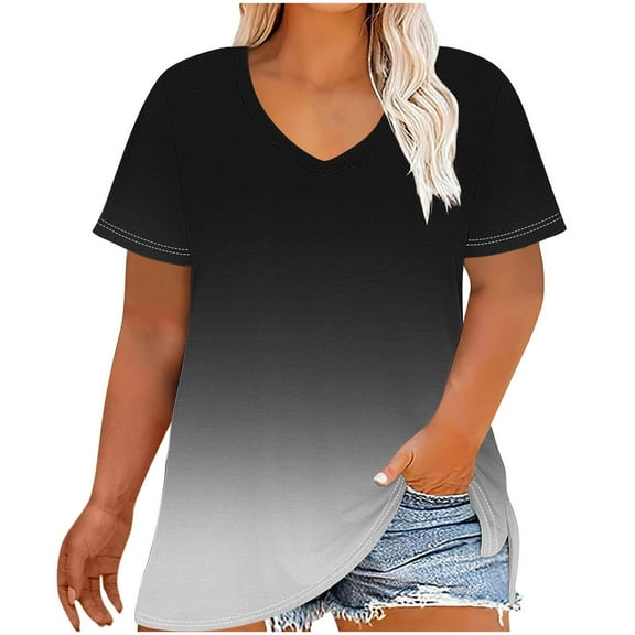 HAiming Plus Size Tops for Women Casual Summer T Shirts Gradient Color V Neck Short Sleeve Loose Tunic Blouse