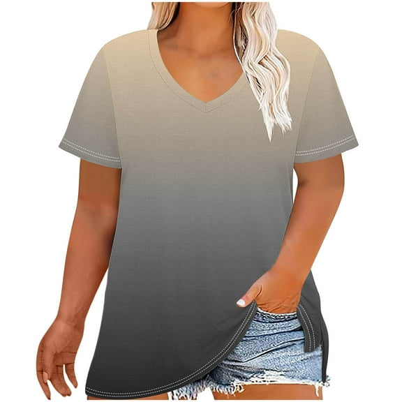 HAiming Plus Size Tops for Women Casual Summer T Shirts Gradient Color V Neck Short Sleeve Loose Tunic Blouse