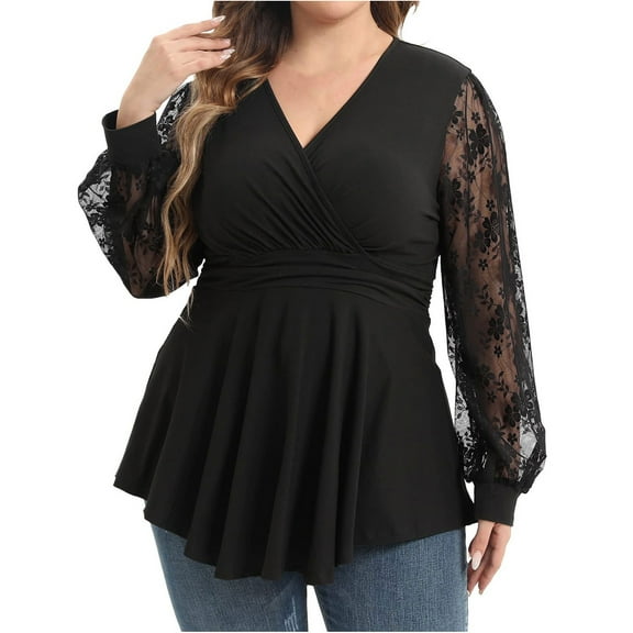 HAiming Plus Size Tops for Women Lace Long Sleeve Solid Color Loose Shirts Casual Dressy V Neck Pleated Tunic Tops