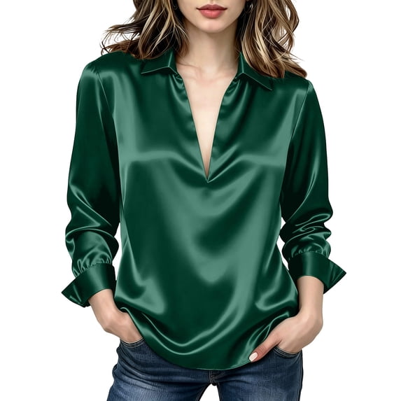 HAiming Plus Size Tops for Women Long Sleeve Silk V Neck Blouses Loose Casual Elegant Solid Color Shirts Office Tops