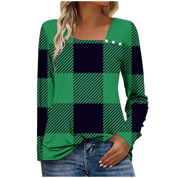 HAiming Plus Size Womens Pullover Tops Plaid Square Neck Button Casual Long Sleeve Blouse Spring Fall Clothes