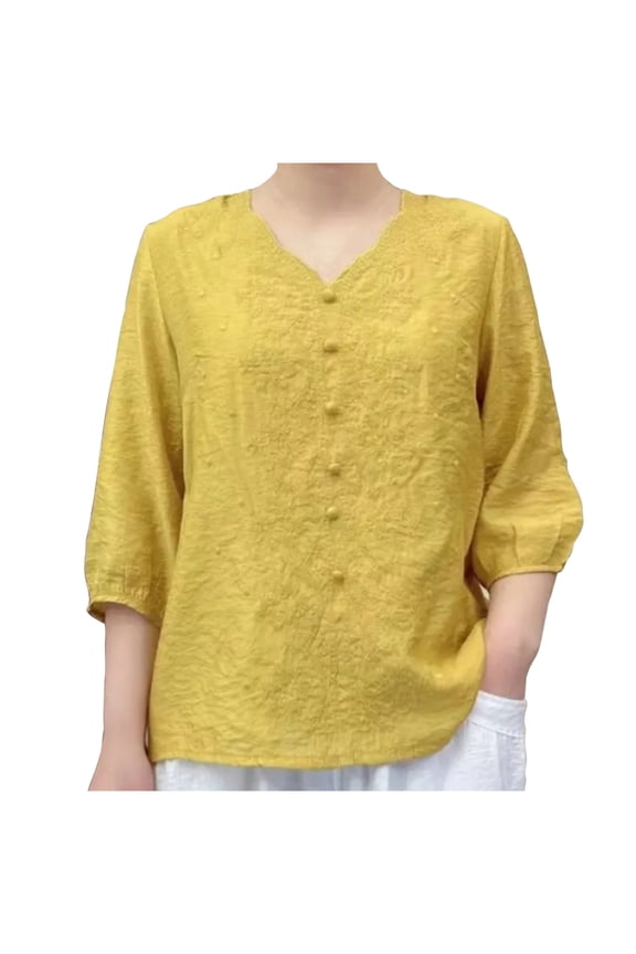 3/4 Sleeve Tops Shirts for Women Clothing Streetwear Casual Elegant Summer Embroidery Teee