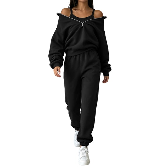 HAiming Plus Size Workout Sets for Women 2 Piece Sweatsuits Long Sleeve Half Zip Sweatshirts Joggers Gym Outfits