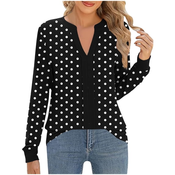 HAiming Polka Dots Womens Tops V Neck Long Sleeve Casual Tunic Pullover Fall Winter Trendy Blouses