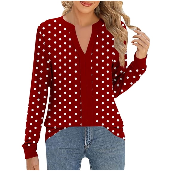 HAiming Polka Dots Womens Tops V Neck Long Sleeve Casual Tunic Pullover Fall Winter Trendy Blouses