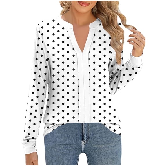 HAiming Polka Dots Womens Tops V Neck Long Sleeve Casual Tunic Pullover Fall Winter Trendy Blouses