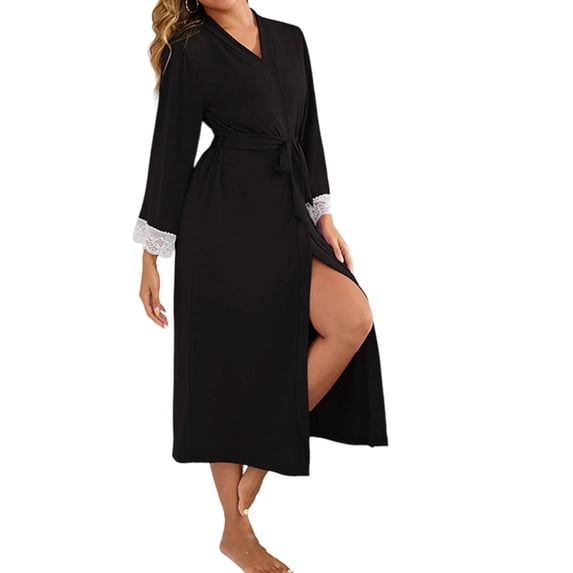 HAiming Robe Kimono Nightgown for Women Lace Comfy Long Sleeve V Neck Bathrobe Sleepwear with Belt