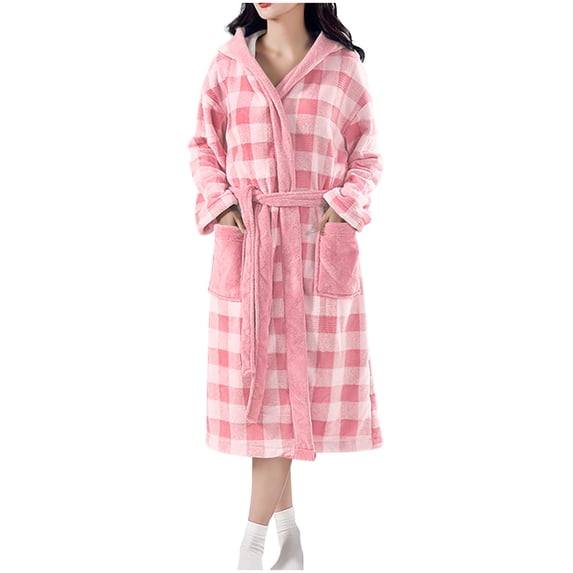 HAiming Robe for Women Long Hooded Bathrobe Warm Cloth Thickened Fleece Plaid Loungewear Spa Bath Robe with Pockets