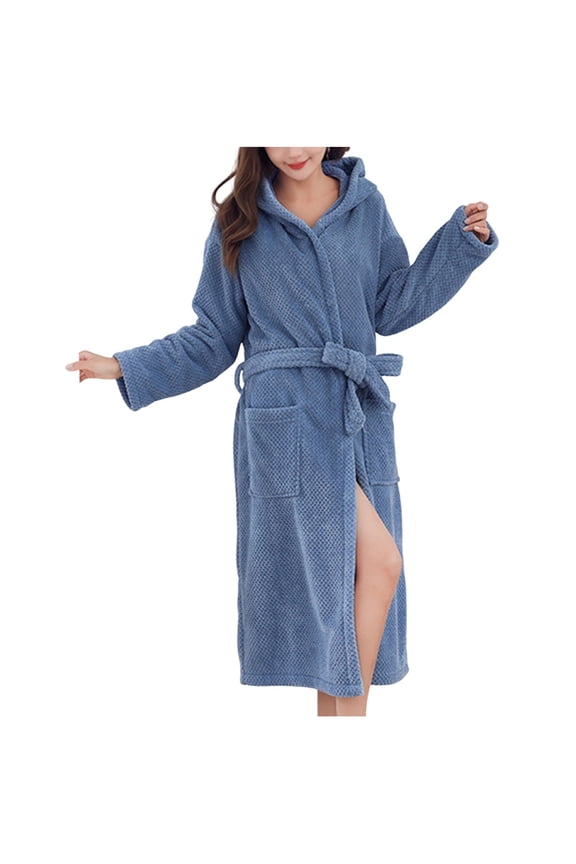 Robe for Women Long Hooded Bathrobe Warm Cloth Thickened Fleece Solid Color Loungewear Spa Bath Robe with Pockets