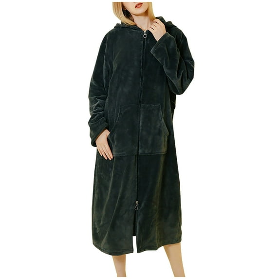 HAiming Robes for Women Long Sleeve Belted Fuzzy Fleece Zip up Hooded Bathrobe Warm Comfy Long Sleepwear with Pockets