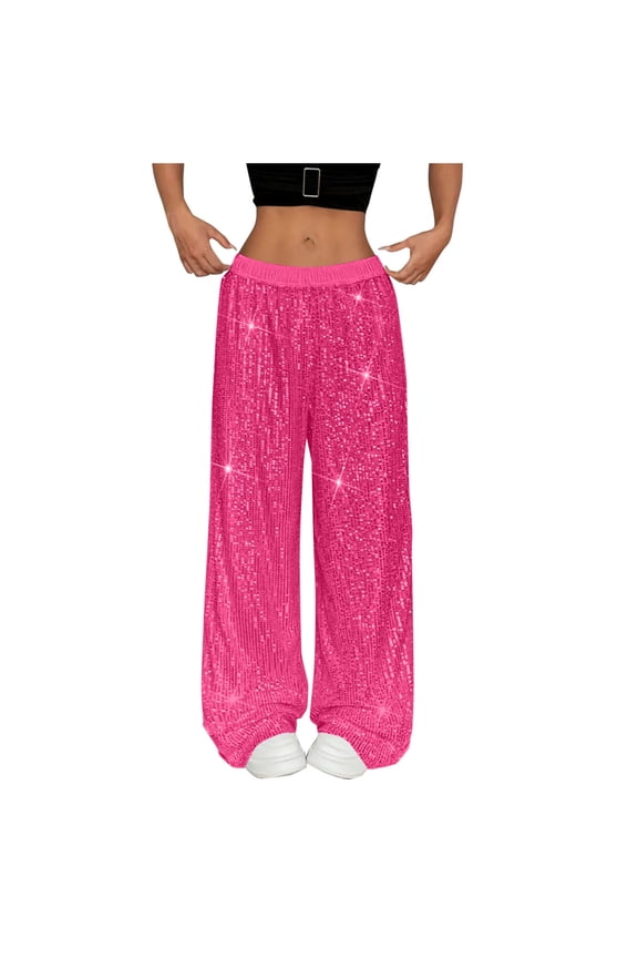 Sequin Pants Women Glitter Sparkly Wide Leg Elastic Waist Dance Pants Party Night out Clubwear Trousers