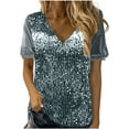 thumbnail image 1 of HAiming Sequin Tops for Women Sparkly Velvet V Neck Short Sleeve Shirt Glitter Trendy Loose Party Casual Work Blouse, 1 of 1