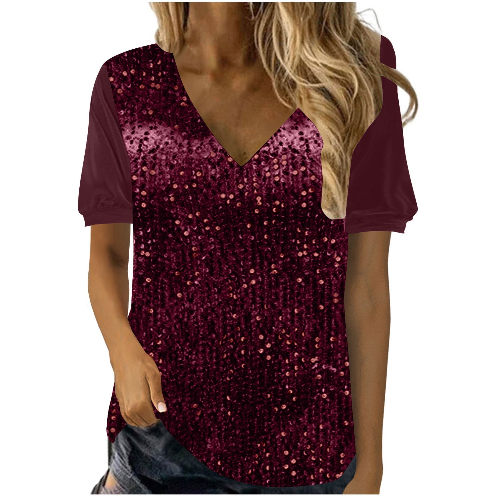 Chic Commute Lapel Asymmetric Sequin Embellished Top