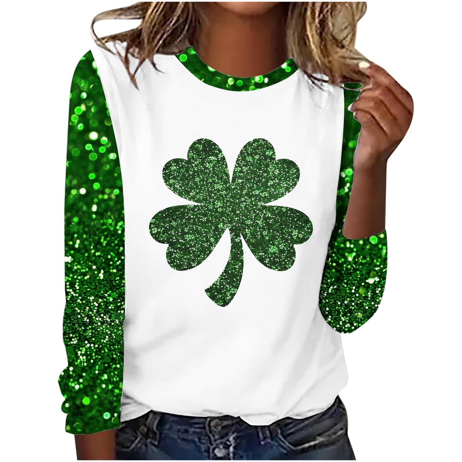 Sequin Clover Graphic Ruffled Trim Bell Sleeve St Patrick Blouse main image 1