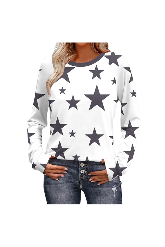 Shirt for Women Casual Long Sleeve Star Printed Crew Neck Pullover Tops Lightweight Trendy Clothes