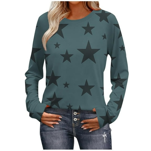HAiming Shirt for Women Casual Long Sleeve Star Printed Crew Neck Pullover Tops Lightweight Trendy Clothes
