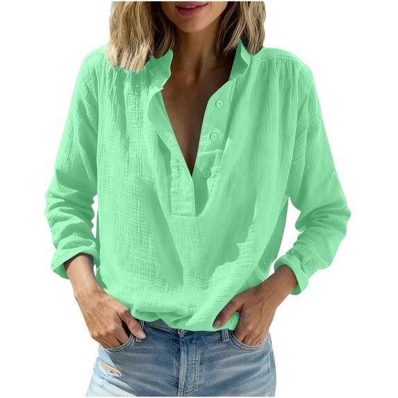 HAiming Shirts for Women Long Sleeve Plus Size Tops Casual Dressy Blouses Solid Color Loose Half Button Tee