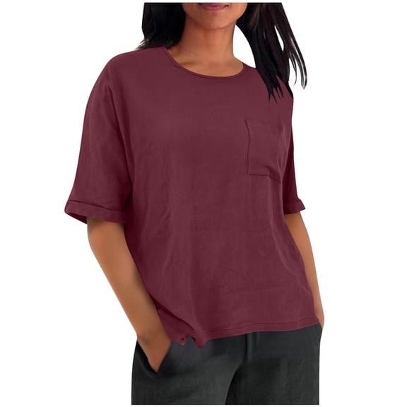 HAiming Short Sleeve Shirts for Women Crewneck Solid Color Loose Casual Blouses Trendy Clothes with Pocket