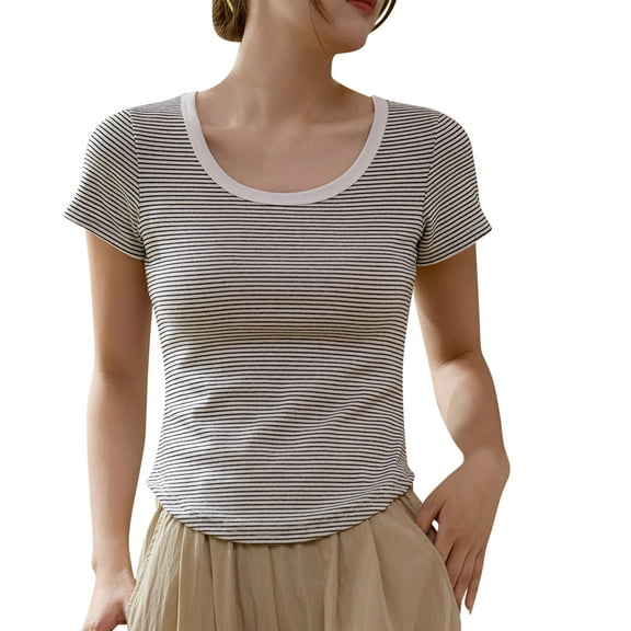 HAiming Women's Striped Color Block Short Sleeve Slim Fitted T Shirts Casual Basic Round Neck Tee Tops