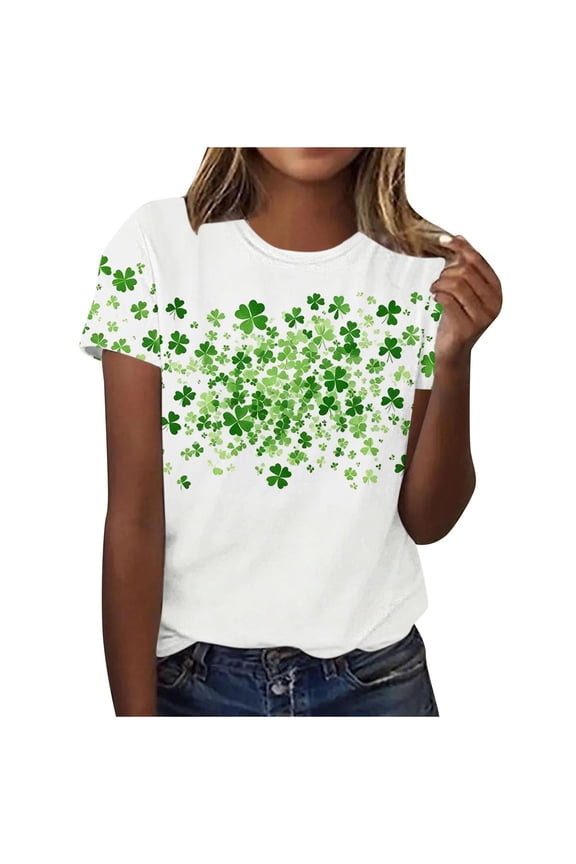 St. Patrick’s Day Shamrock T-Shirt Short Sleeve Round Neck Casual Cute Printed Trendy Pullover Tops Clothes