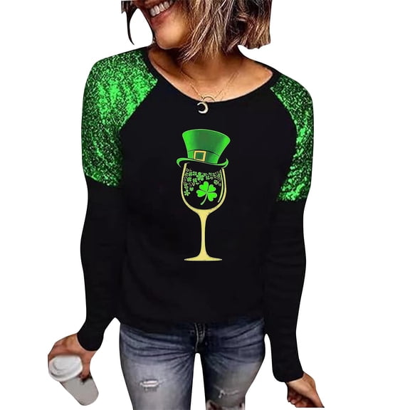 HAiming St. Patrick's Day Shirts for Women Printed Long Sleeve Shirt Sequined Patchwork Casual Tee Tops