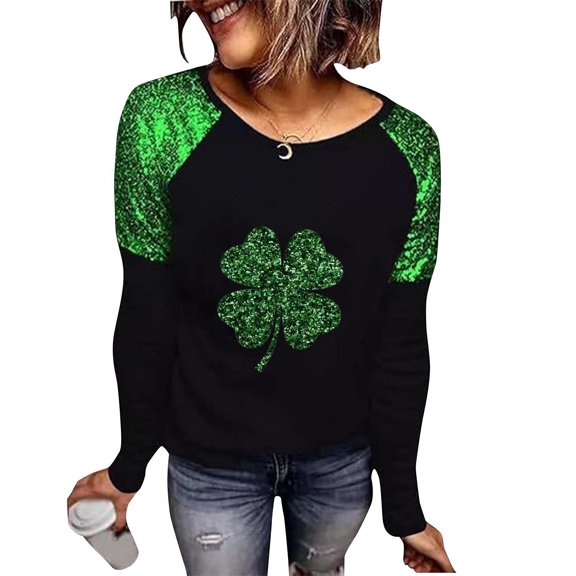 HAiming St. Patrick's Day Shirts for Women Printed Long Sleeve Shirt Sequined Patchwork Casual Tee Tops