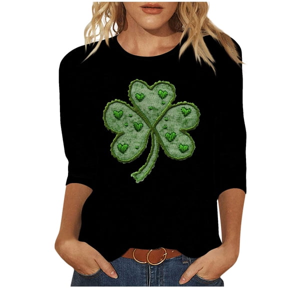 HAiming St Patricks Day Shirt for Women Cute Print Tops Plus Size 3/4 Sleeve Crew Neck Tshirts Trendy Tops