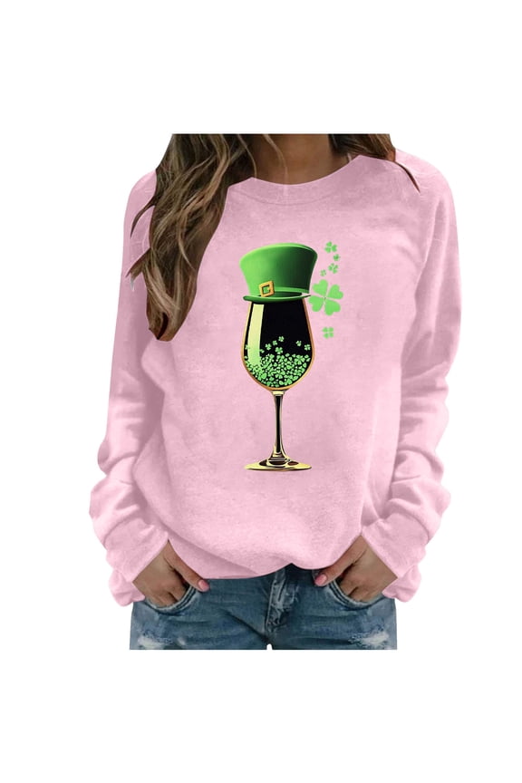 St Patricks Day Sweatshirt for Women Long Sleeve T-Shirts Crewneck Shamrock Printed Pullover Tops