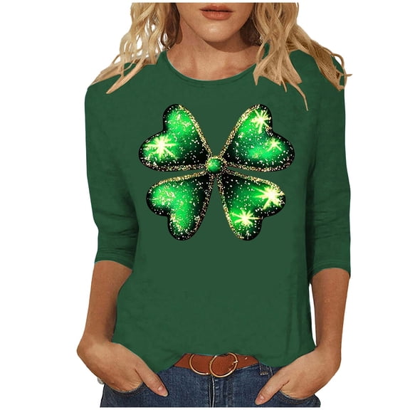 HAiming St Patty's Day Shirt Women Casual Plus Size 3/4 Sleeve Green Shamrock Graphic Tunic Pullover Tops