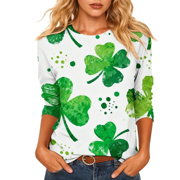HAiming St Patty's Day Shirt Women Casual Plus Size 3/4 Sleeve Green Shamrock Graphic Tunic Pullover Tops