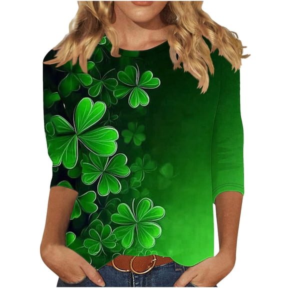 HAiming St Patty's Day Shirt Women Casual Plus Size 3/4 Sleeve Green Shamrock Graphic Tunic Pullover Tops