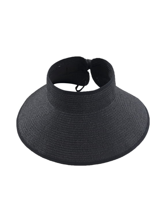 Straw Sun Visor Hats for Women Wide Brim Pontytail Summer Packable Beach Hats Foldable Floppy with UPF 50+