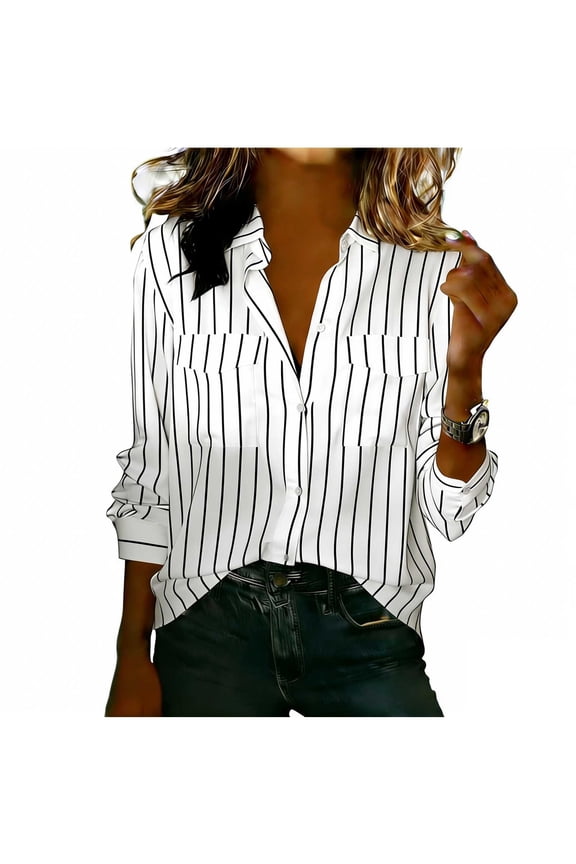 Striped Long Sleeve Botton down Dress Shirts for Women Laple Collar Casual Tops Business Clothing with Pockets