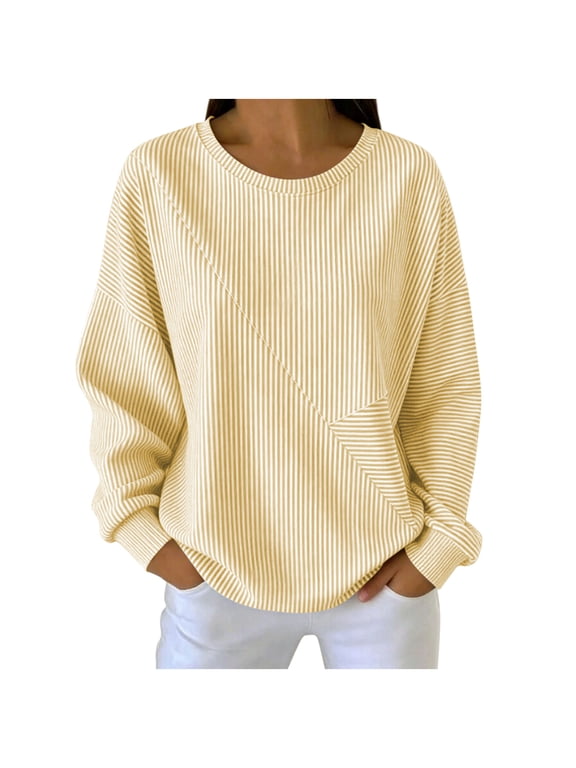 Striped Sweatshirts for Women Long Sleeve Loose Casual Scoop Neck Comfy Shirts Fall Winter Going out Tops