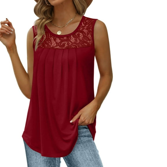 HAiming Summer Tank Tops for Women Solid Sleeveless Round Neck Lace Tunic Shirt Dressy Casual Loose Pleated Blouse