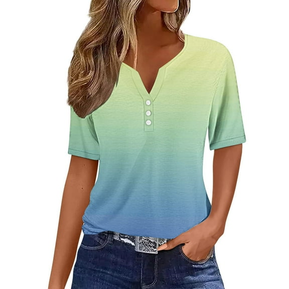 HAiming Summer Tops for Women 2025 Vacation Trendy Button V Neck Short Sleeve Shirt Plus Size Casual Loose Comfy Tunics