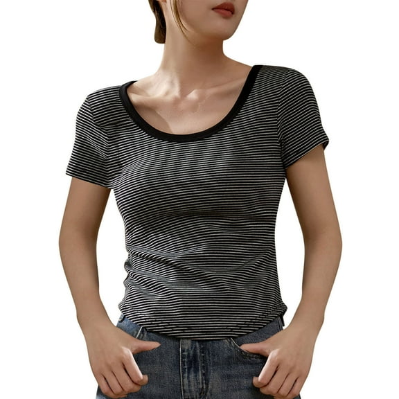 HAiming Women's Striped Color Block Short Sleeve Slim Fitted T Shirts Casual Basic Round Neck Tee Tops