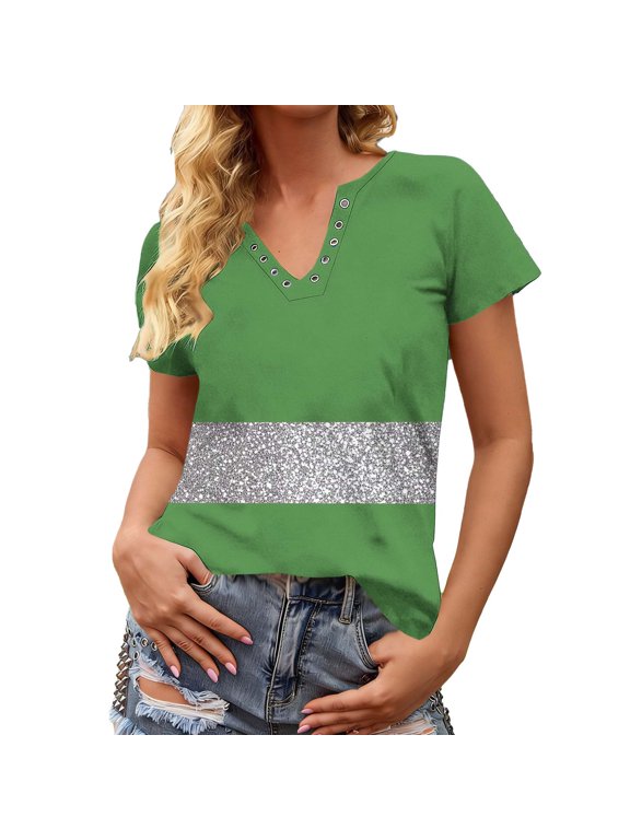 Summer Tunic Blouse for Women Color Block Short Sleeve Snap V Neck Tops Basic T-Shirt Trendy Clothes